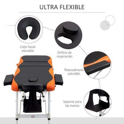 Folding and Portable Massage Table 210x81x62-85 cm Adjustable Height with Headrest and Armrests for Tattoo Physiotherapy Black and Orange