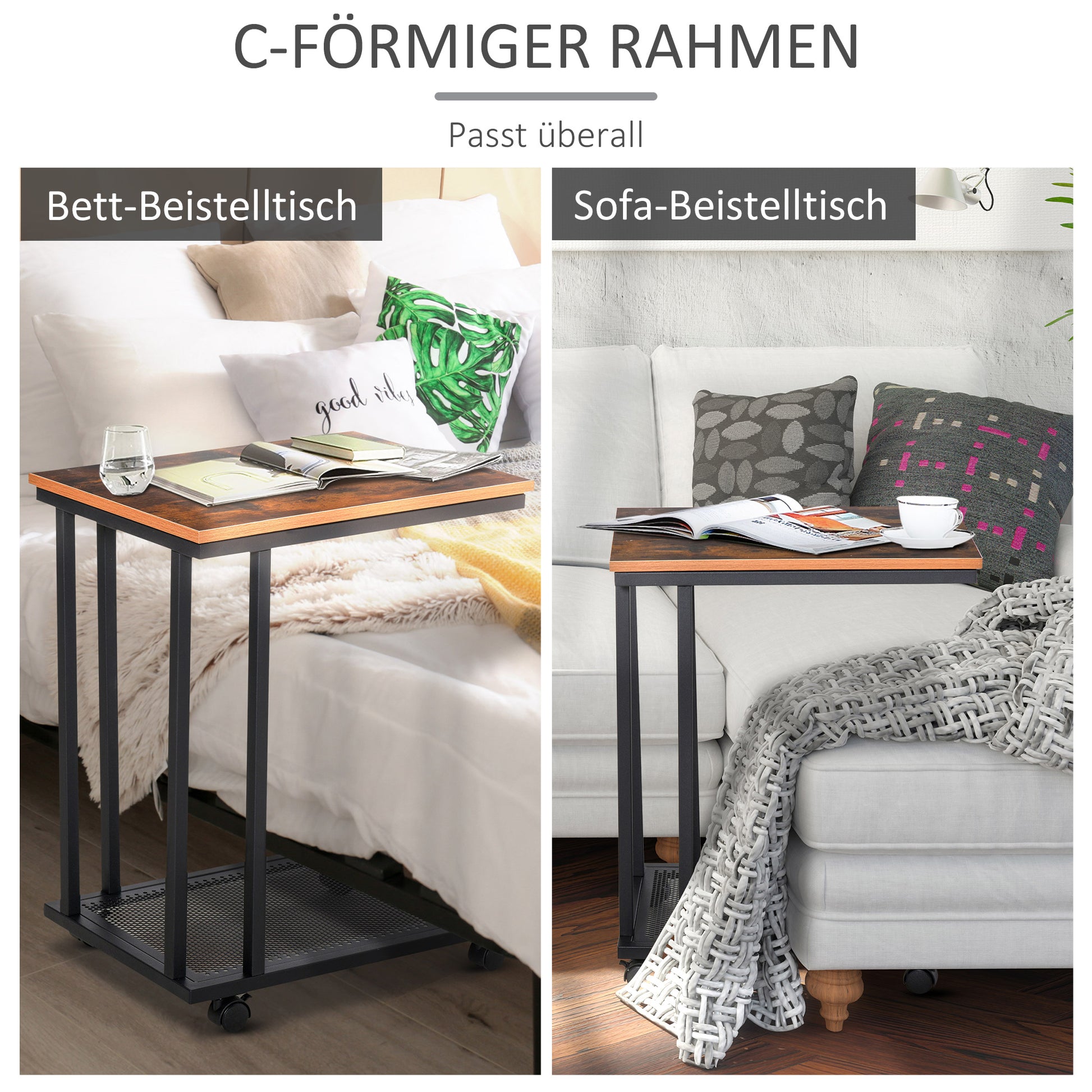 Side Table C-Shape Rolling Cart Serving Trolley Laptop Table Coffee Table Nightstand Bedside Table with Metal Frame Industrial Design Nightstand Black + Walnut Grain 51 x 36 x 65 cm
