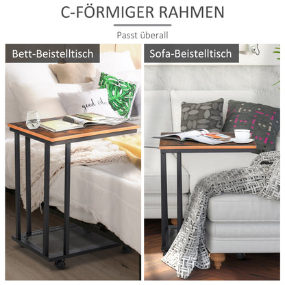 Side Table C-Shape Rolling Cart Serving Trolley Laptop Table Coffee Table Nightstand Bedside Table with Metal Frame Industrial Design Nightstand Black + Walnut Grain 51 x 36 x 65 cm