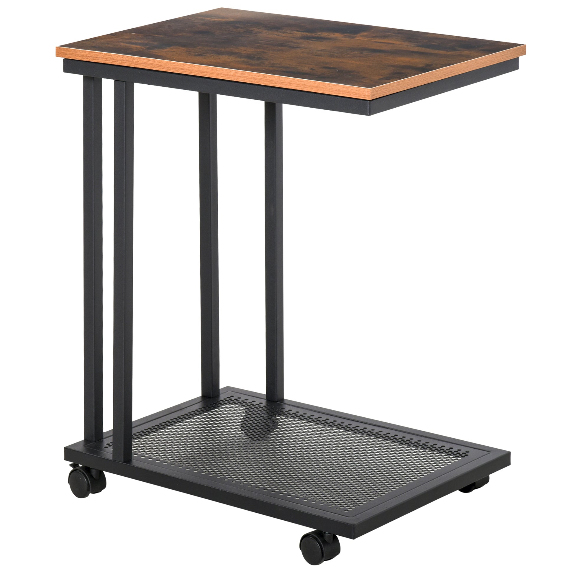 Side Table C-Shape Rolling Cart Serving Trolley Laptop Table Coffee Table Nightstand Bedside Table with Metal Frame Industrial Design Nightstand Black + Walnut Grain 51 x 36 x 65 cm