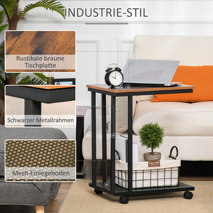 Side Table C-Shape Rolling Cart Serving Trolley Laptop Table Coffee Table Nightstand Bedside Table with Metal Frame Industrial Design Nightstand Black + Walnut Grain 51 x 36 x 65 cm