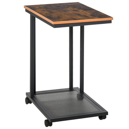 Side Table C-Shape Rolling Cart Serving Trolley Laptop Table Coffee Table Nightstand Bedside Table with Metal Frame Industrial Design Nightstand Black + Walnut Grain 51 x 36 x 65 cm