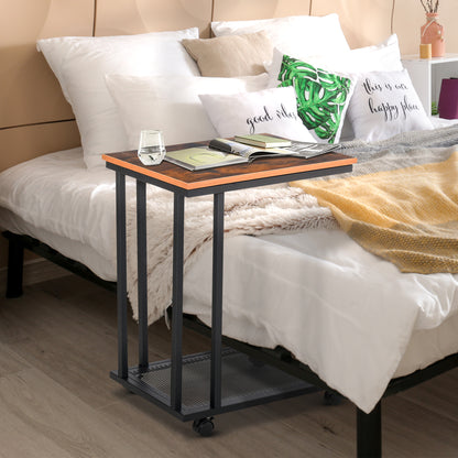 Side Table C-Shape Rolling Cart Serving Trolley Laptop Table Coffee Table Nightstand Bedside Table with Metal Frame Industrial Design Nightstand Black + Walnut Grain 51 x 36 x 65 cm
