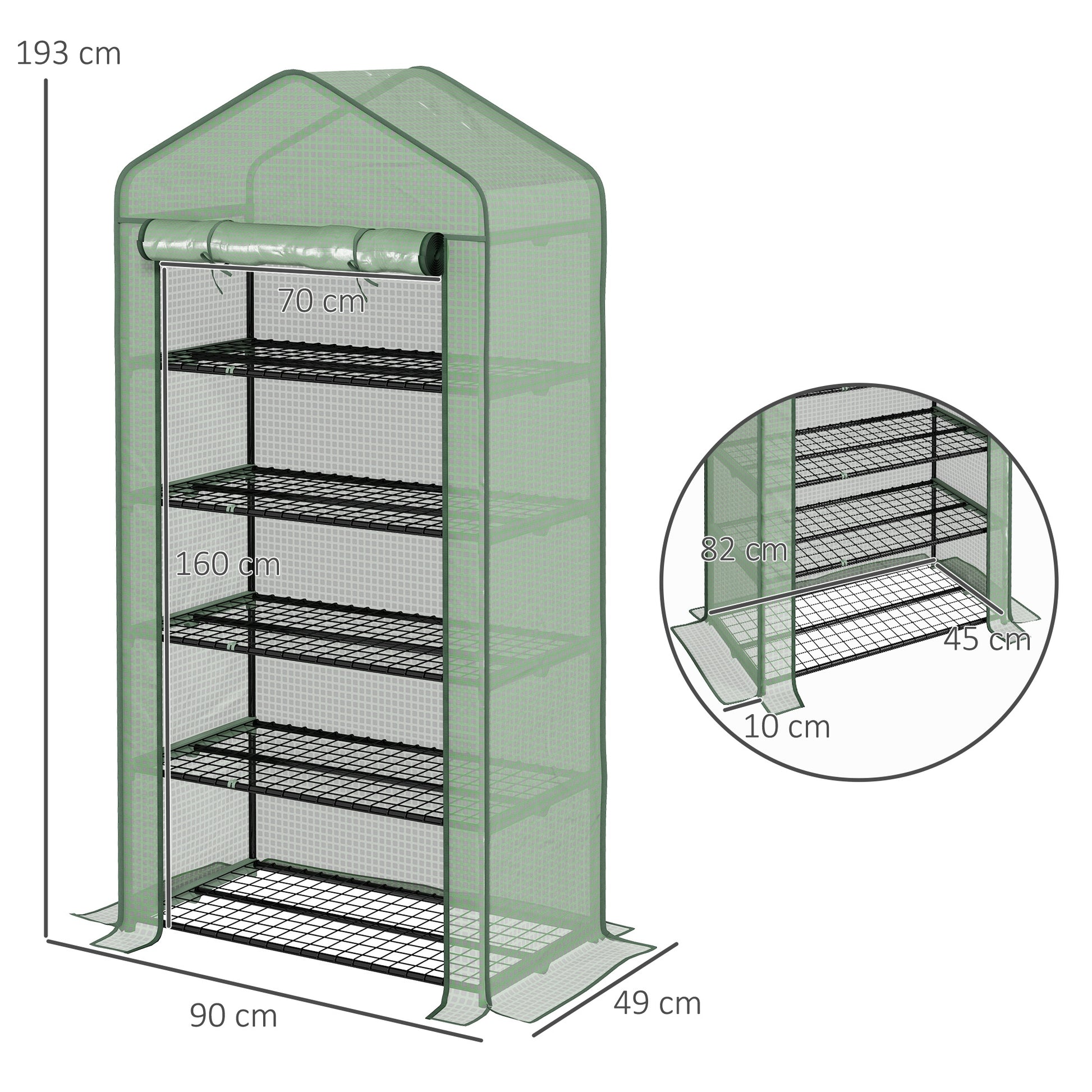 5-Tier Garden Greenhouse Sturdy Greenhouse with 1 Roll-Up Zipper Door Anti-UV Widened Design and Shelves for Plant and Flower Cultivation 90x49x193 cm Green
