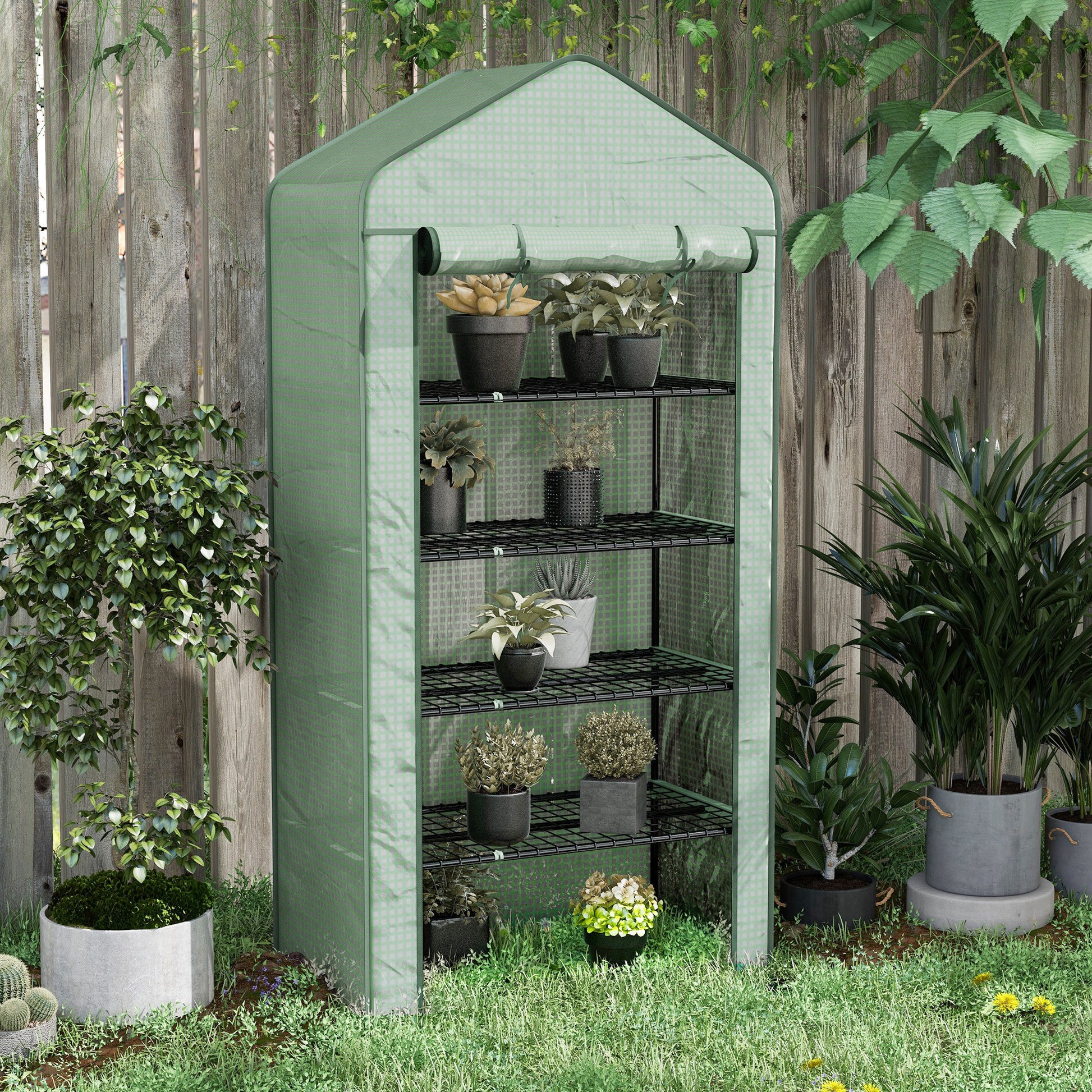 5-Tier Garden Greenhouse Sturdy Greenhouse with 1 Roll-Up Zipper Door Anti-UV Widened Design and Shelves for Plant and Flower Cultivation 90x49x193 cm Green