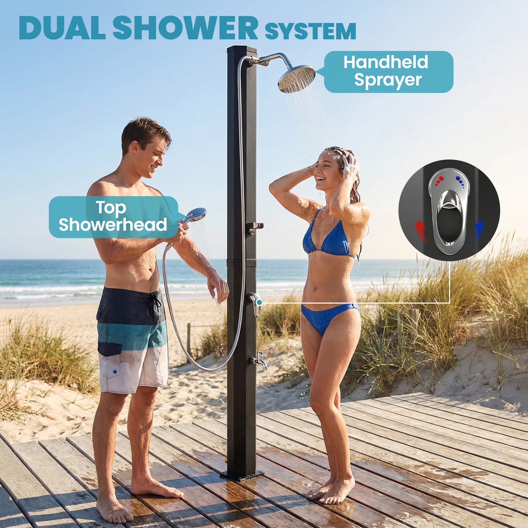 35 L Solar Garden Shower — Anti-Freeze Protection, Dual Rain Showerheads, Foot Tap, Max Water Temp 140°F (60°C), for Pool & Camping, No Electricity, Black