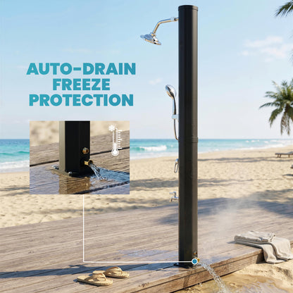 35 L Solar Garden Shower — Anti-Freeze Protection, Dual Rain Showerheads, Foot Tap, Max Water Temp 140°F (60°C), for Pool & Camping, No Electricity, Black