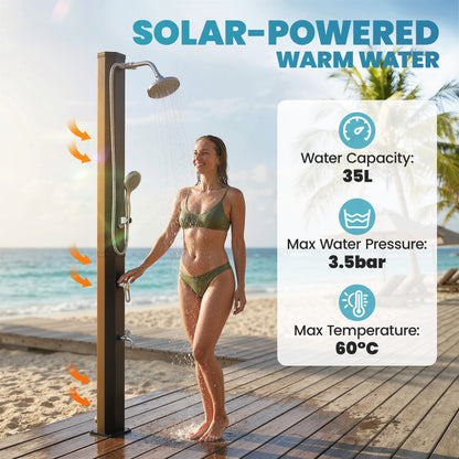 35 L Solar Garden Shower — Anti-Freeze Protection, Dual Rain Showerheads, Foot Tap, Max Water Temp 140°F (60°C), for Pool & Camping, No Electricity, Black