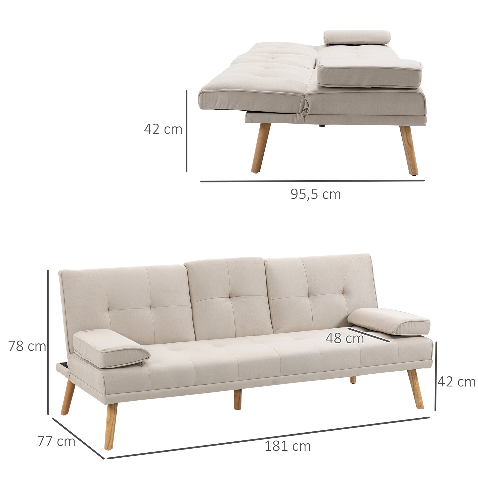 Scandinavian Design 3-Seater Convertible Sofa with Adjustable Reclining Backrest 3-level central backrest foldable 2 cup holders solid wood linen beige