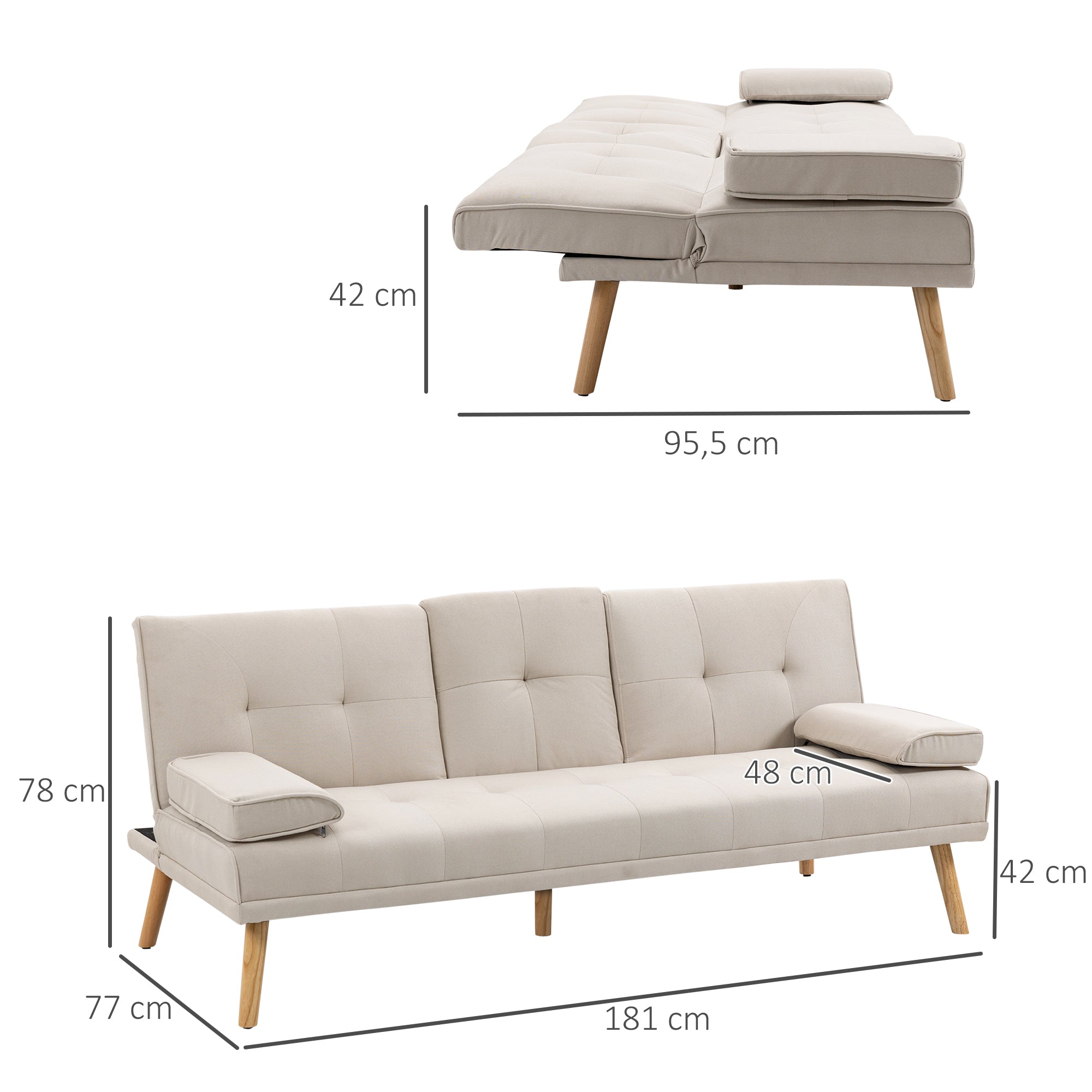 Scandinavian Design 3-Seater Convertible Sofa with Adjustable Reclining Backrest 3-level central backrest foldable 2 cup holders solid wood linen beige