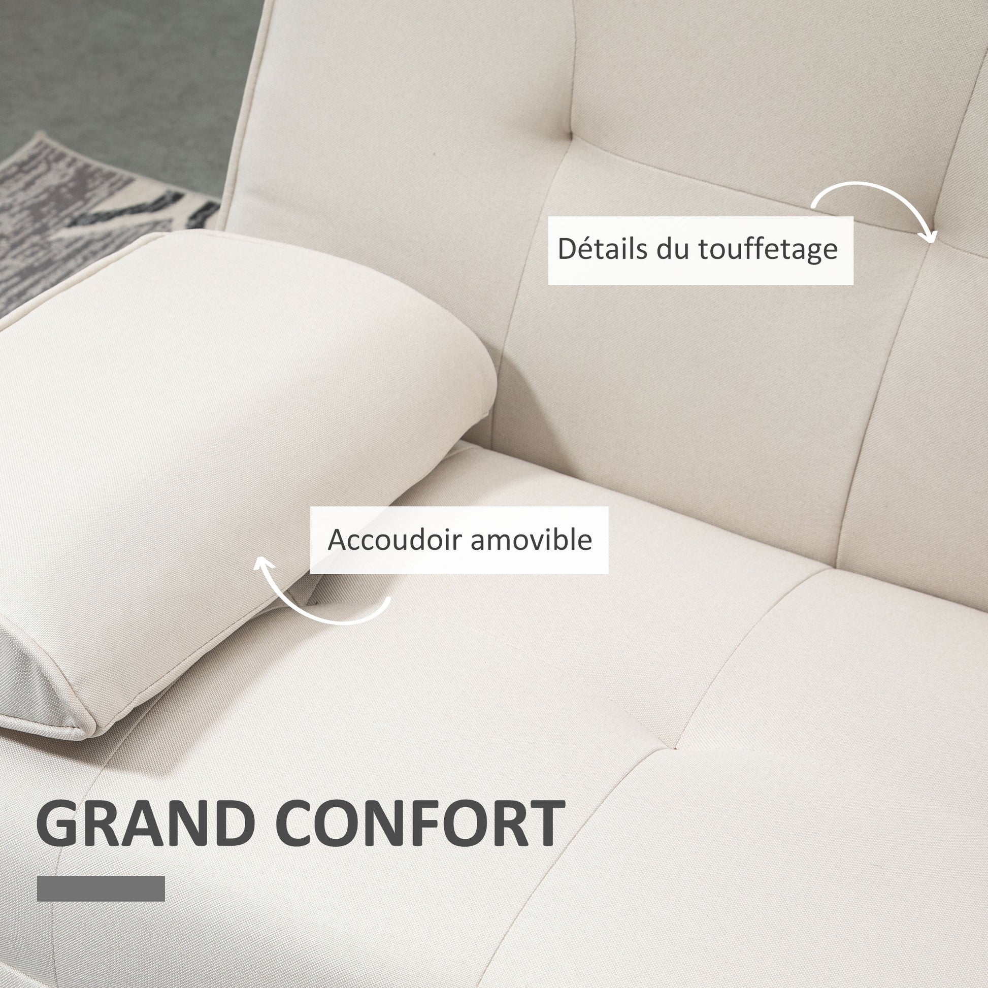 Scandinavian Design 3-Seater Convertible Sofa with Adjustable Reclining Backrest 3-level central backrest foldable 2 cup holders solid wood linen beige