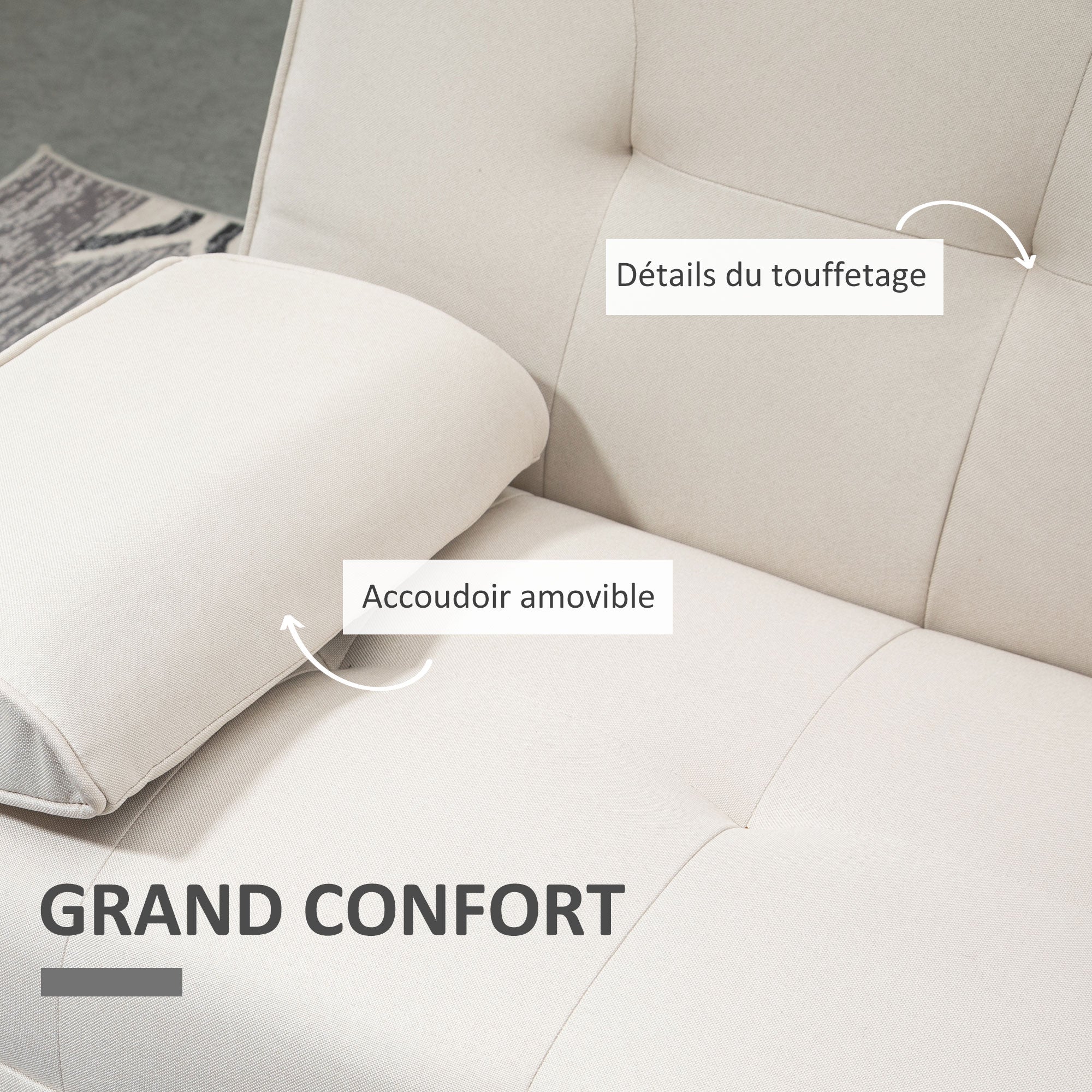 Scandinavian Design 3-Seater Convertible Sofa with Adjustable Reclining Backrest 3-level central backrest foldable 2 cup holders solid wood linen beige
