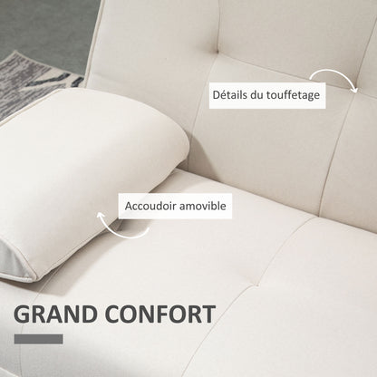 Scandinavian Design 3-Seater Convertible Sofa with Adjustable Reclining Backrest 3-level central backrest foldable 2 cup holders solid wood linen beige