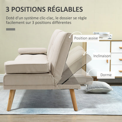 Scandinavian Design 3-Seater Convertible Sofa with Adjustable Reclining Backrest 3-level central backrest foldable 2 cup holders solid wood linen beige