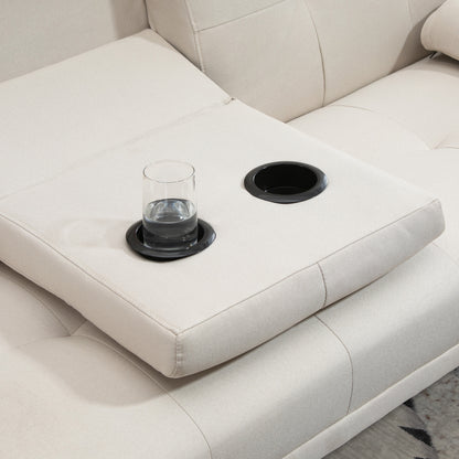 Scandinavian Design 3-Seater Convertible Sofa with Adjustable Reclining Backrest 3-level central backrest foldable 2 cup holders solid wood linen beige