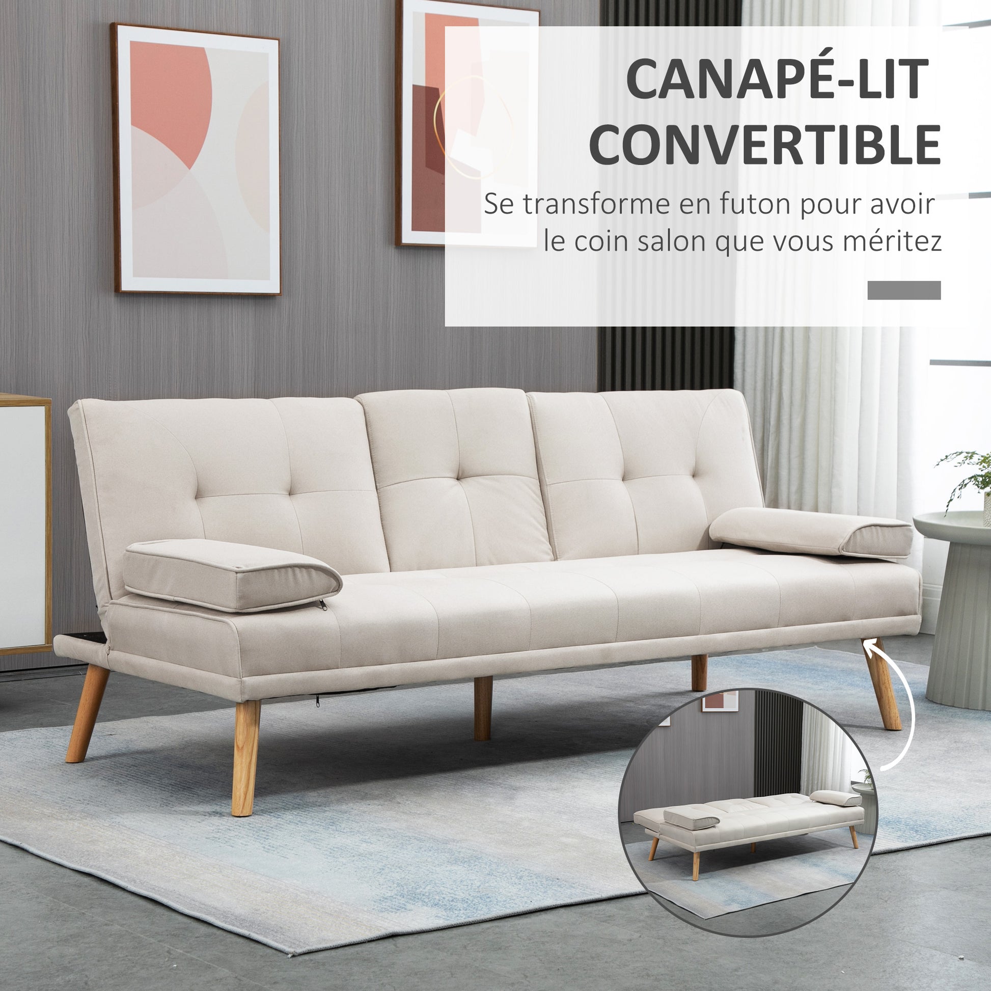 Scandinavian Design 3-Seater Convertible Sofa with Adjustable Reclining Backrest 3-level central backrest foldable 2 cup holders solid wood linen beige