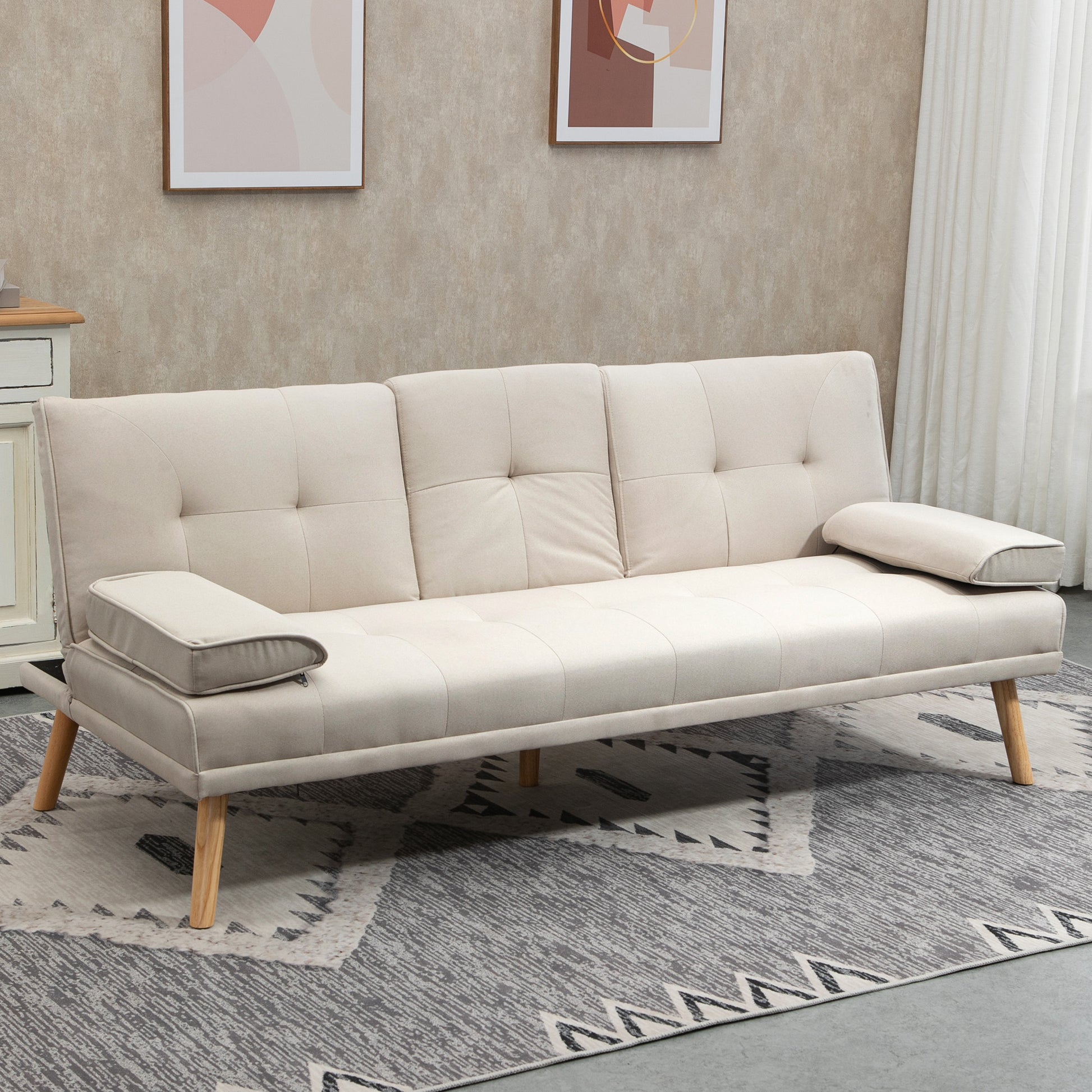 Scandinavian Design 3-Seater Convertible Sofa with Adjustable Reclining Backrest 3-level central backrest foldable 2 cup holders solid wood linen beige