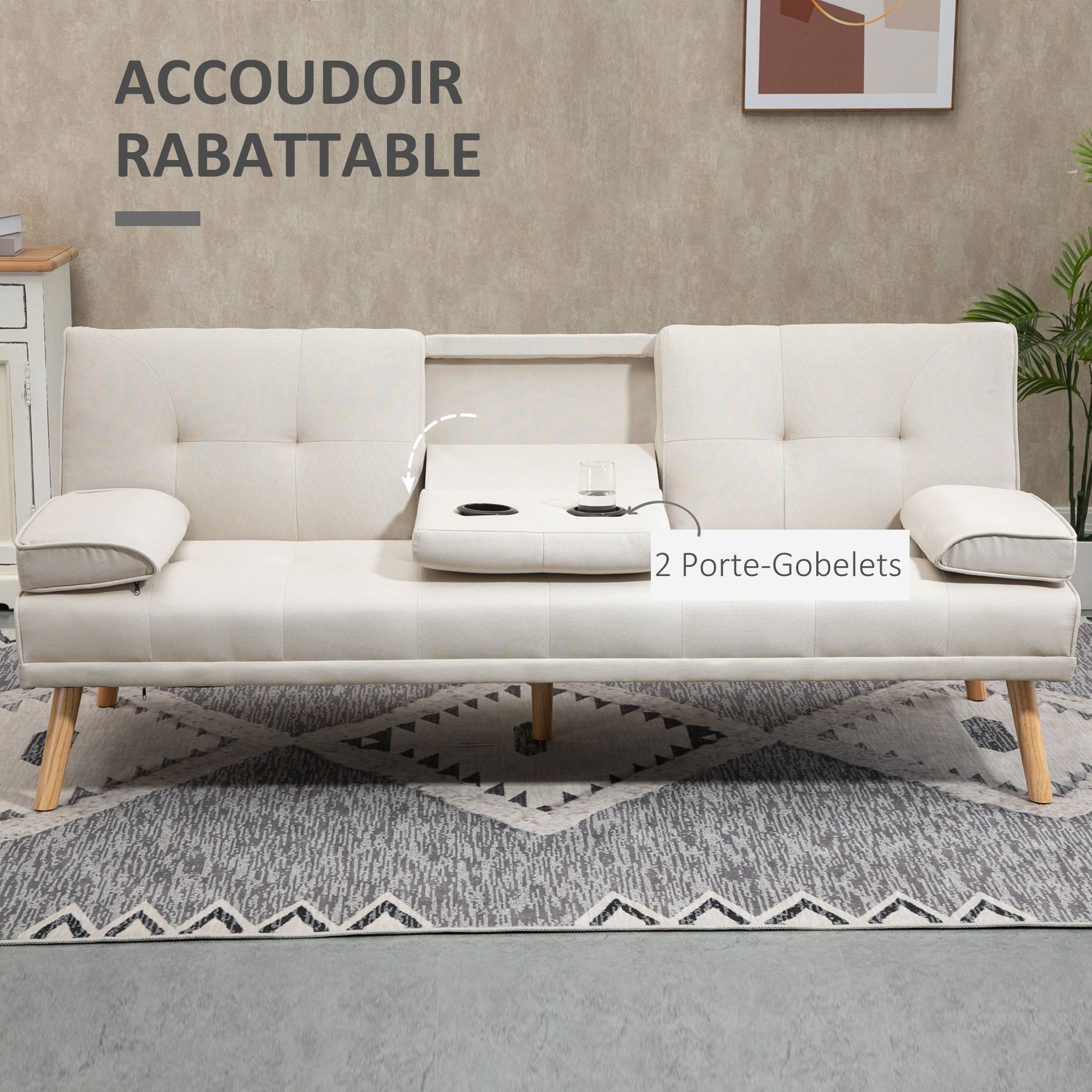 Scandinavian Design 3-Seater Convertible Sofa with Adjustable Reclining Backrest 3-level central backrest foldable 2 cup holders solid wood linen beige