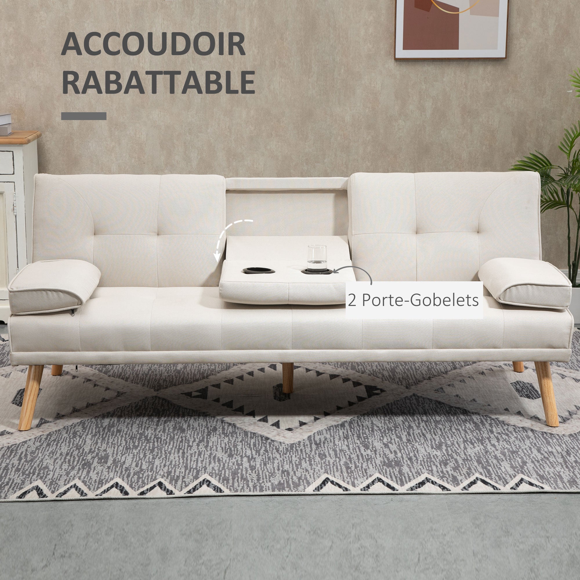 Scandinavian Design 3-Seater Convertible Sofa with Adjustable Reclining Backrest 3-level central backrest foldable 2 cup holders solid wood linen beige