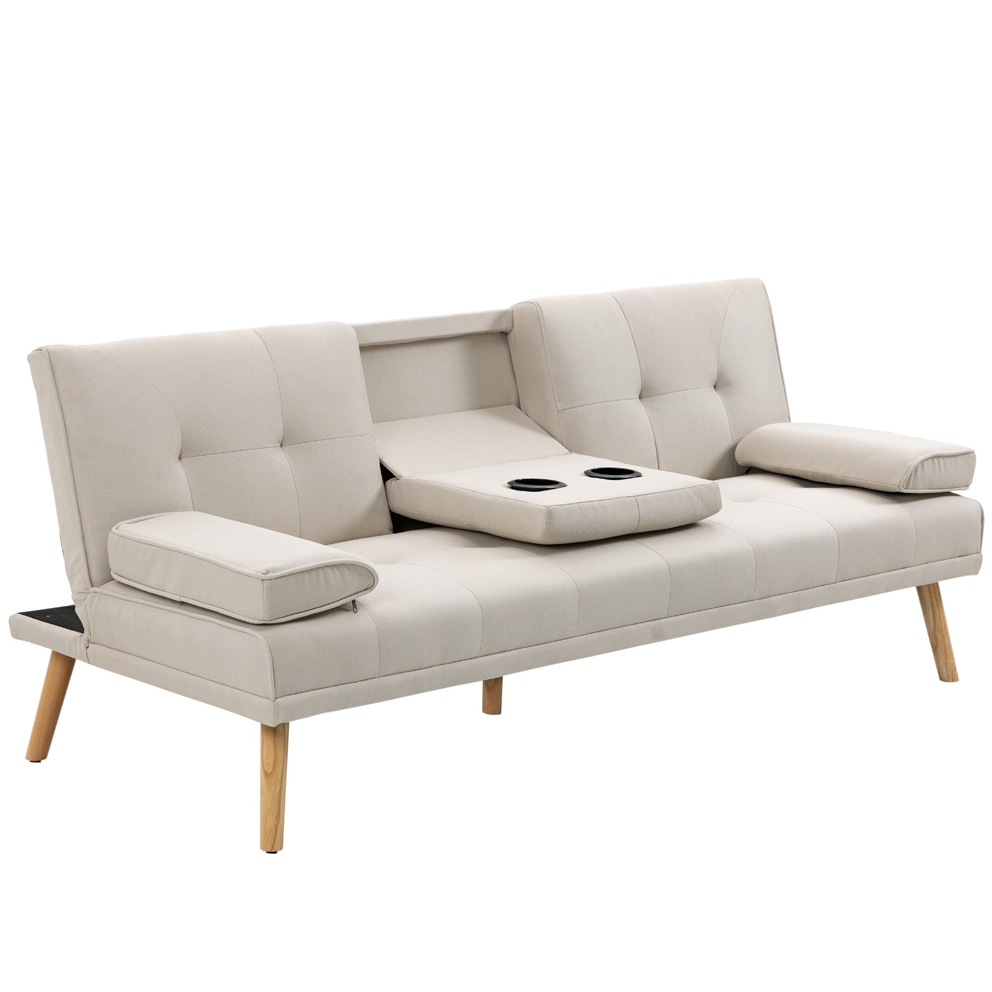 Scandinavian Design 3-Seater Convertible Sofa with Adjustable Reclining Backrest 3-level central backrest foldable 2 cup holders solid wood linen beige