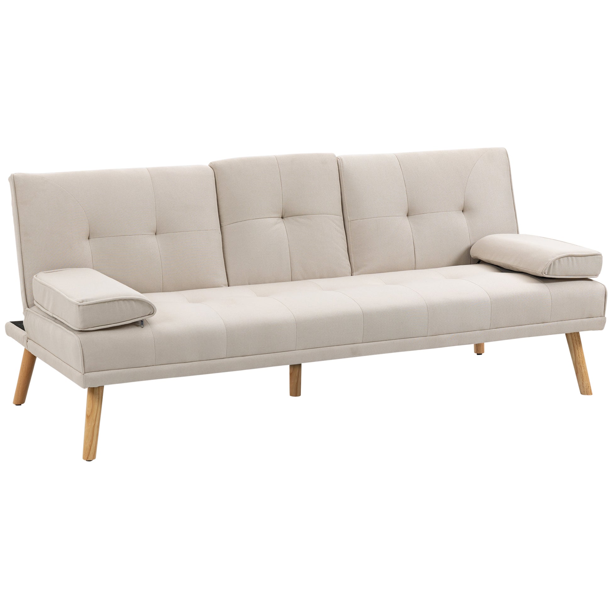 Scandinavian Design 3-Seater Convertible Sofa with Adjustable Reclining Backrest 3-level central backrest foldable 2 cup holders solid wood linen beige