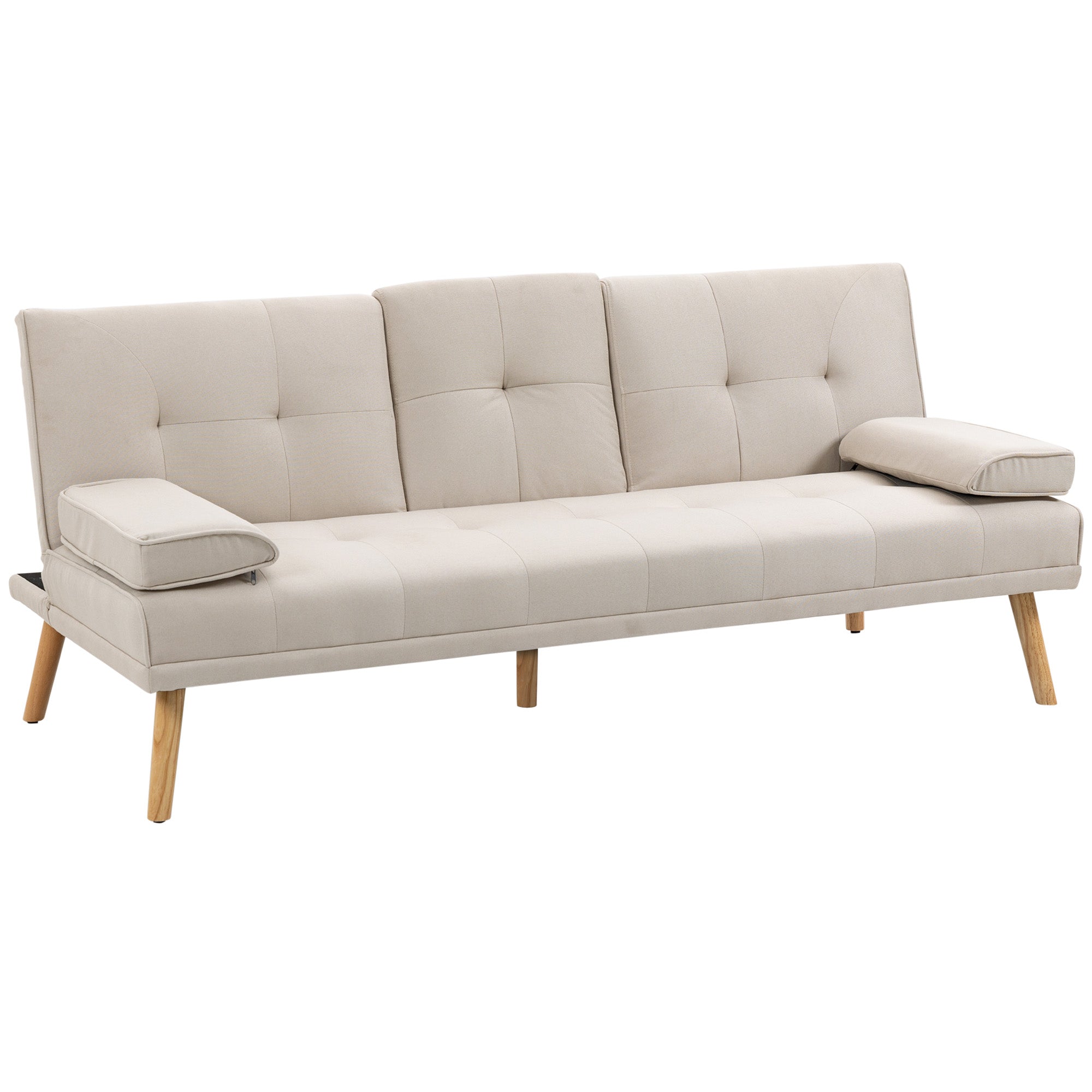 Scandinavian Design 3-Seater Convertible Sofa with Adjustable Reclining Backrest 3-level central backrest foldable 2 cup holders solid wood linen beige