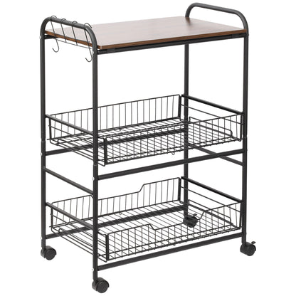 3-Tier Kitchen Trolley, Service Cart, Rolling Storage Cart with 2 Pull-Out Baskets, Shelf, and Side Hooks, 60 x 38 x 85.5 cm, walnut
