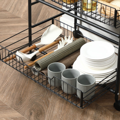 3-Tier Kitchen Trolley, Service Cart, Rolling Storage Cart with 2 Pull-Out Baskets, Shelf, and Side Hooks, 60 x 38 x 85.5 cm, walnut