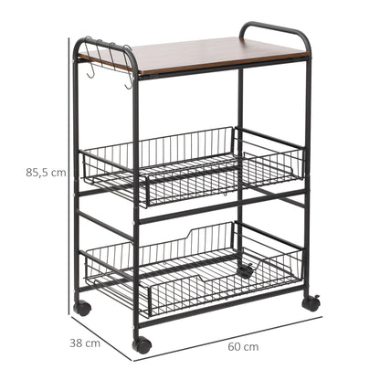 3-Tier Kitchen Trolley, Service Cart, Rolling Storage Cart with 2 Pull-Out Baskets, Shelf, and Side Hooks, 60 x 38 x 85.5 cm, walnut