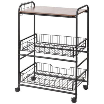 3-Tier Kitchen Trolley, Service Cart, Rolling Storage Cart with 2 Pull-Out Baskets, Shelf, and Side Hooks, 60 x 38 x 85.5 cm, walnut