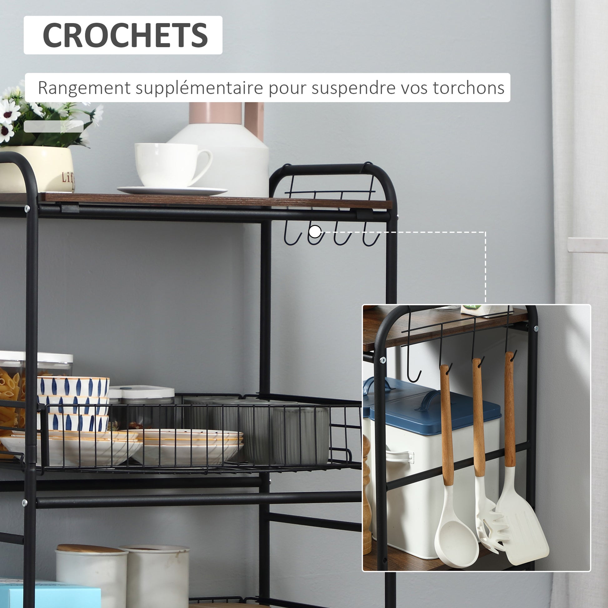 3-Tier Kitchen Trolley, Service Cart, Rolling Storage Cart with 2 Pull-Out Baskets, Shelf, and Side Hooks, 60 x 38 x 85.5 cm, walnut