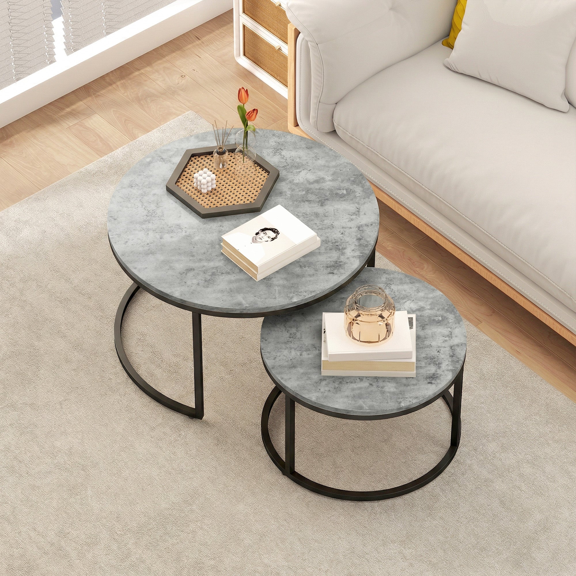 2-Piece Round Nesting Coffee Table Set, Cement-Look Top with Metal Frame — 30.9 x 30.9 x 18.3 in (78.5 x 78.5 x 46.5 cm), Gray