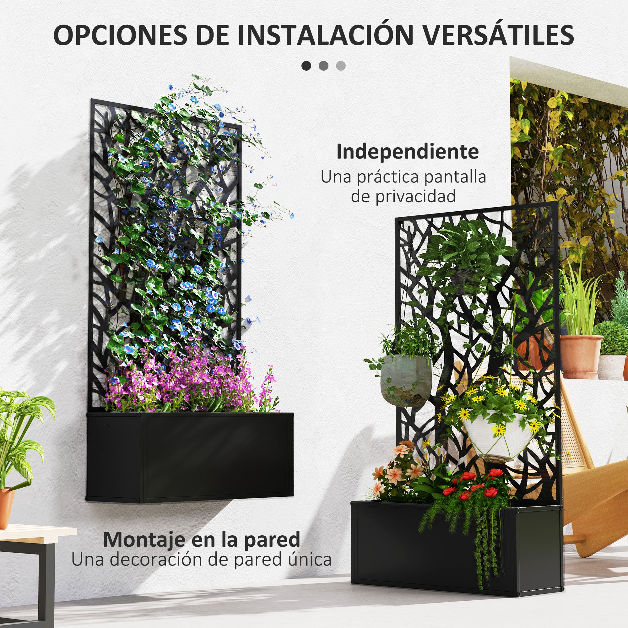 Large Outdoor Metal Planter Planter with Decorative Leaf Privacy Screen Wall or Freestanding Planter for Patio Terrace 61x23x113 cm Black