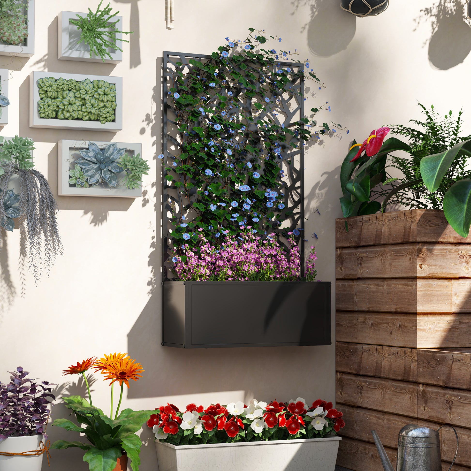 Large Outdoor Metal Planter Planter with Decorative Leaf Privacy Screen Wall or Freestanding Planter for Patio Terrace 61x23x113 cm Black