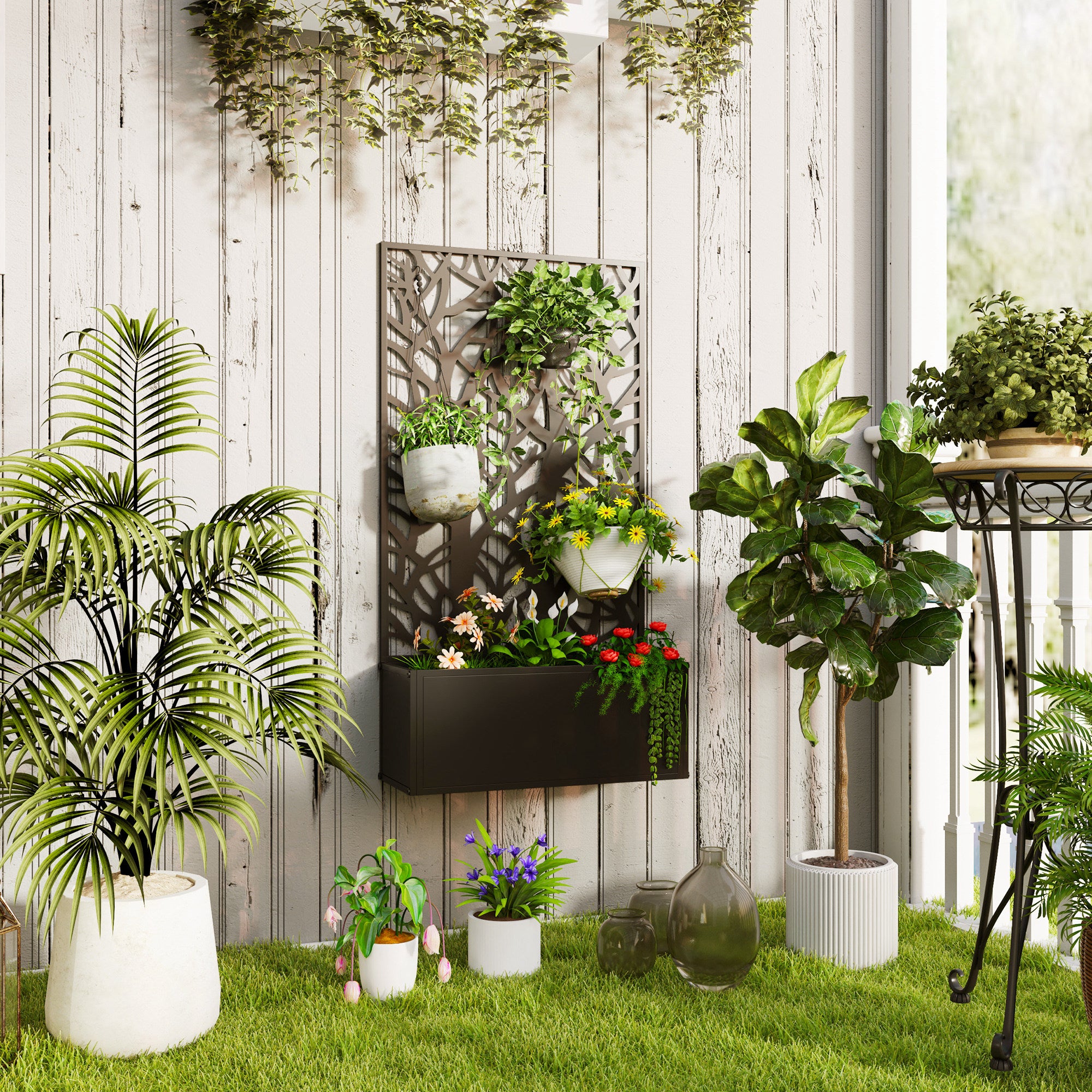 Large Outdoor Metal Planter Planter with Decorative Leaf Privacy Screen Wall or Freestanding Planter for Patio Terrace 61x23x113 cm Black