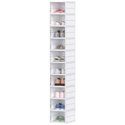 Set of 10 foldable shoe boxes, stackable plastic shoe storage boxes with lids, shoe storage for up to size 43, white, 26x35x174cm