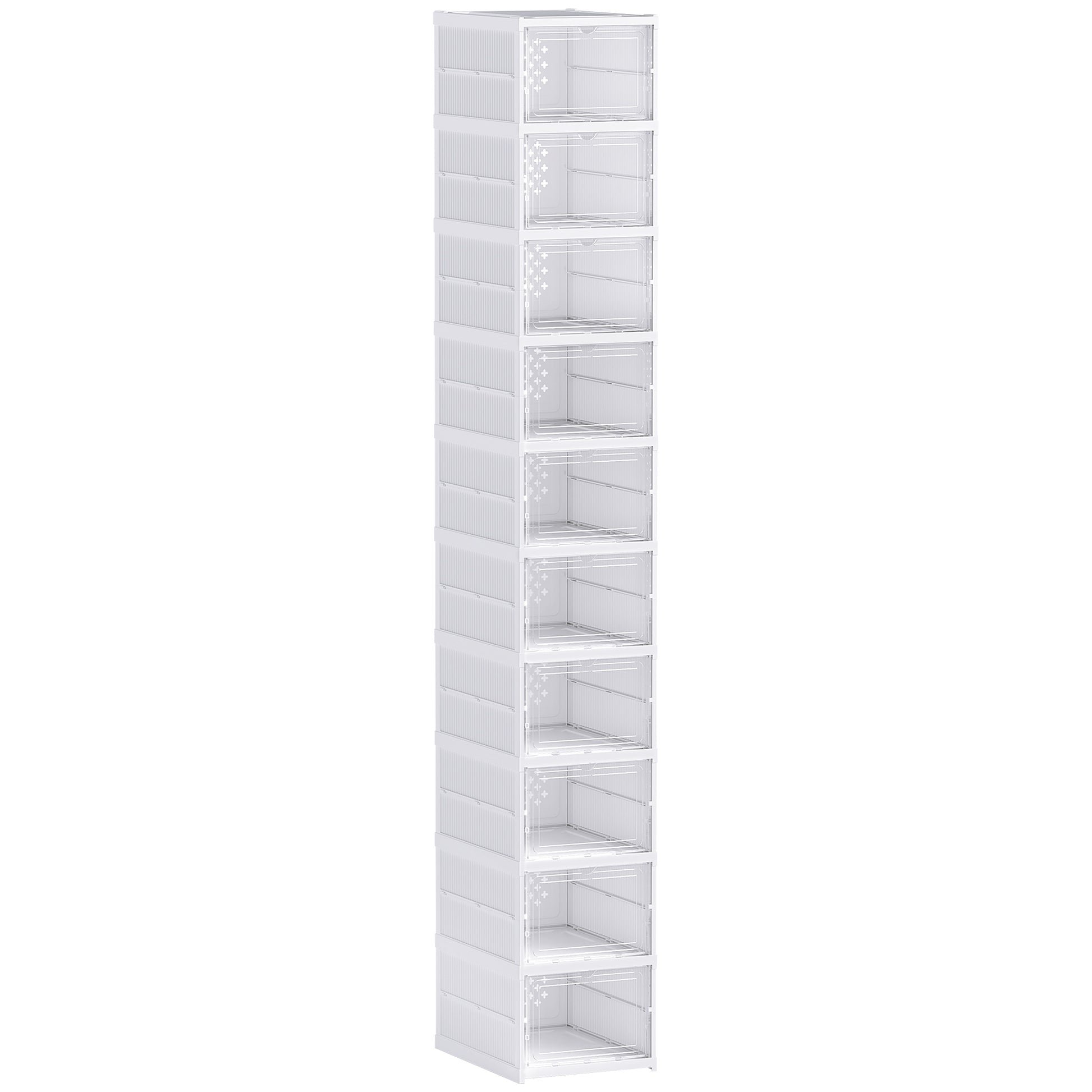 Set of 10 foldable shoe boxes, stackable plastic shoe storage boxes with lids, shoe storage for up to size 43, white, 26x35x174cm