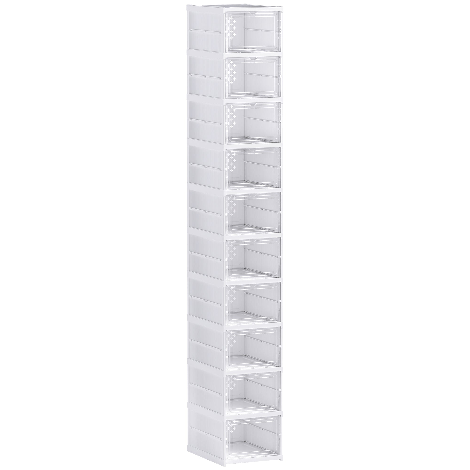 Set of 10 foldable shoe boxes, stackable plastic shoe storage boxes with lids, shoe storage for up to size 43, white, 26x35x174cm