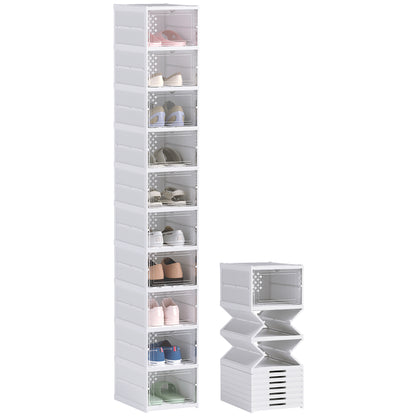 Set of 10 foldable shoe boxes, stackable plastic shoe storage boxes with lids, shoe storage for up to size 43, white, 26x35x174cm