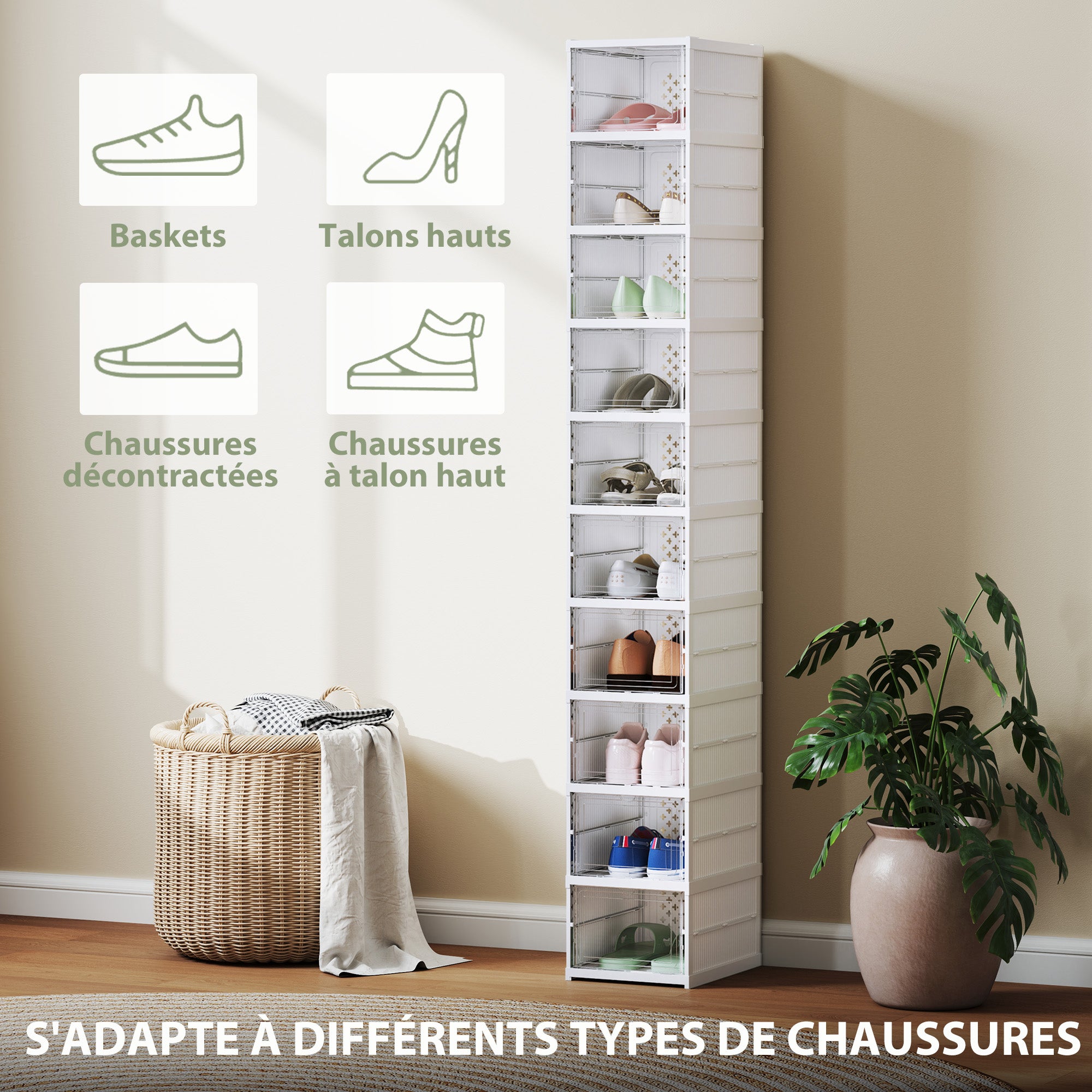 Set of 10 foldable shoe boxes, stackable plastic shoe storage boxes with lids, shoe storage for up to size 43, white, 26x35x174cm