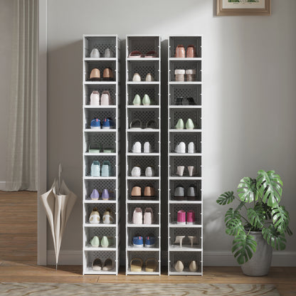 Set of 10 foldable shoe boxes, stackable plastic shoe storage boxes with lids, shoe storage for up to size 43, white, 26x35x174cm