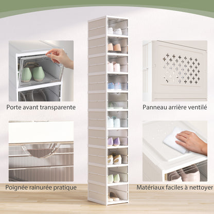 Set of 10 foldable shoe boxes, stackable plastic shoe storage boxes with lids, shoe storage for up to size 43, white, 26x35x174cm