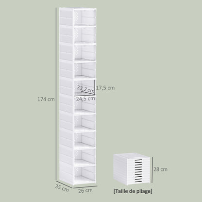 Set of 10 foldable shoe boxes, stackable plastic shoe storage boxes with lids, shoe storage for up to size 43, white, 26x35x174cm
