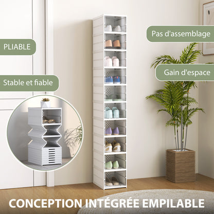 Set of 10 foldable shoe boxes, stackable plastic shoe storage boxes with lids, shoe storage for up to size 43, white, 26x35x174cm