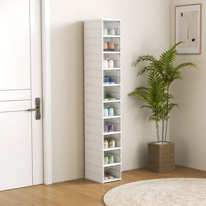 Set of 10 foldable shoe boxes, stackable plastic shoe storage boxes with lids, shoe storage for up to size 43, white, 26x35x174cm