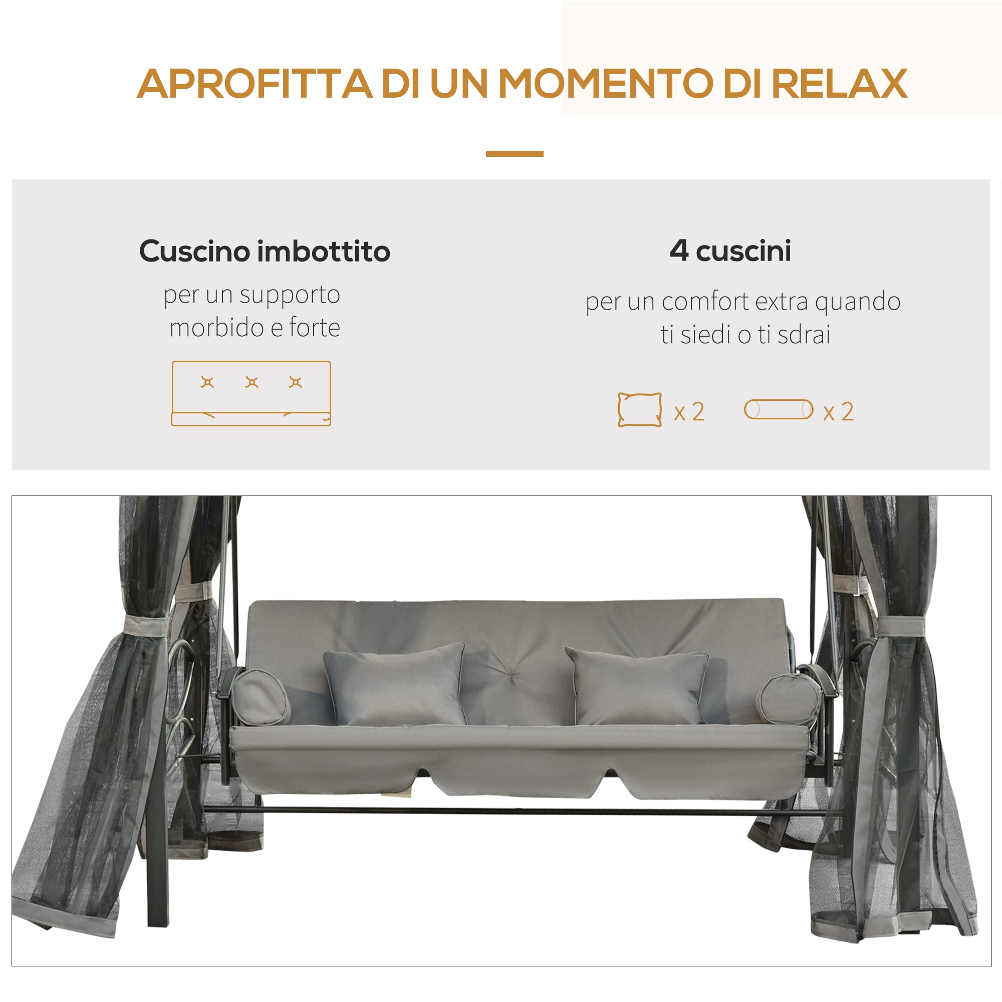 3-Seat Swing and Single Lounger Gazebo Cover with Mosquito Net and Cushions 256x172x248cm Dark Grey