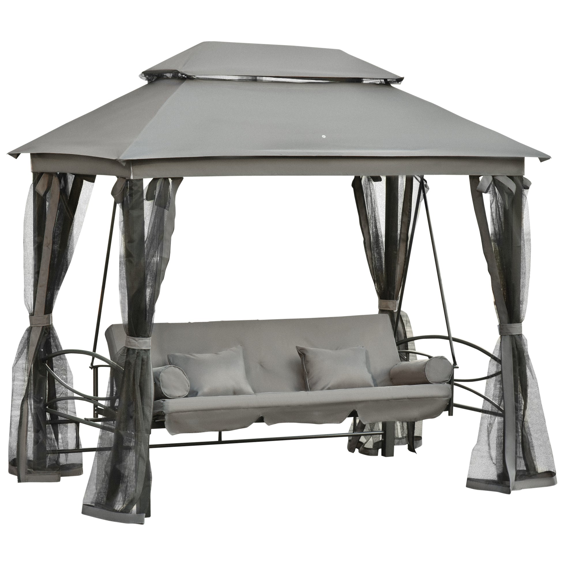 3-Seat Swing and Single Lounger Gazebo Cover with Mosquito Net and Cushions 256x172x248cm Dark Grey