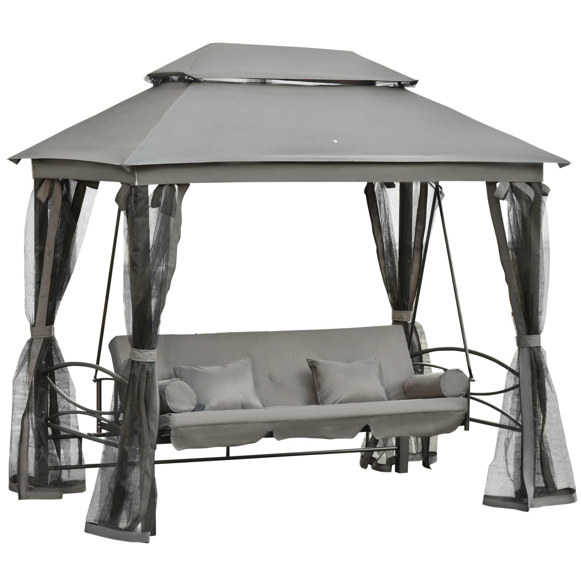 3-Seat Swing and Single Lounger Gazebo Cover with Mosquito Net and Cushions 256x172x248cm Dark Grey
