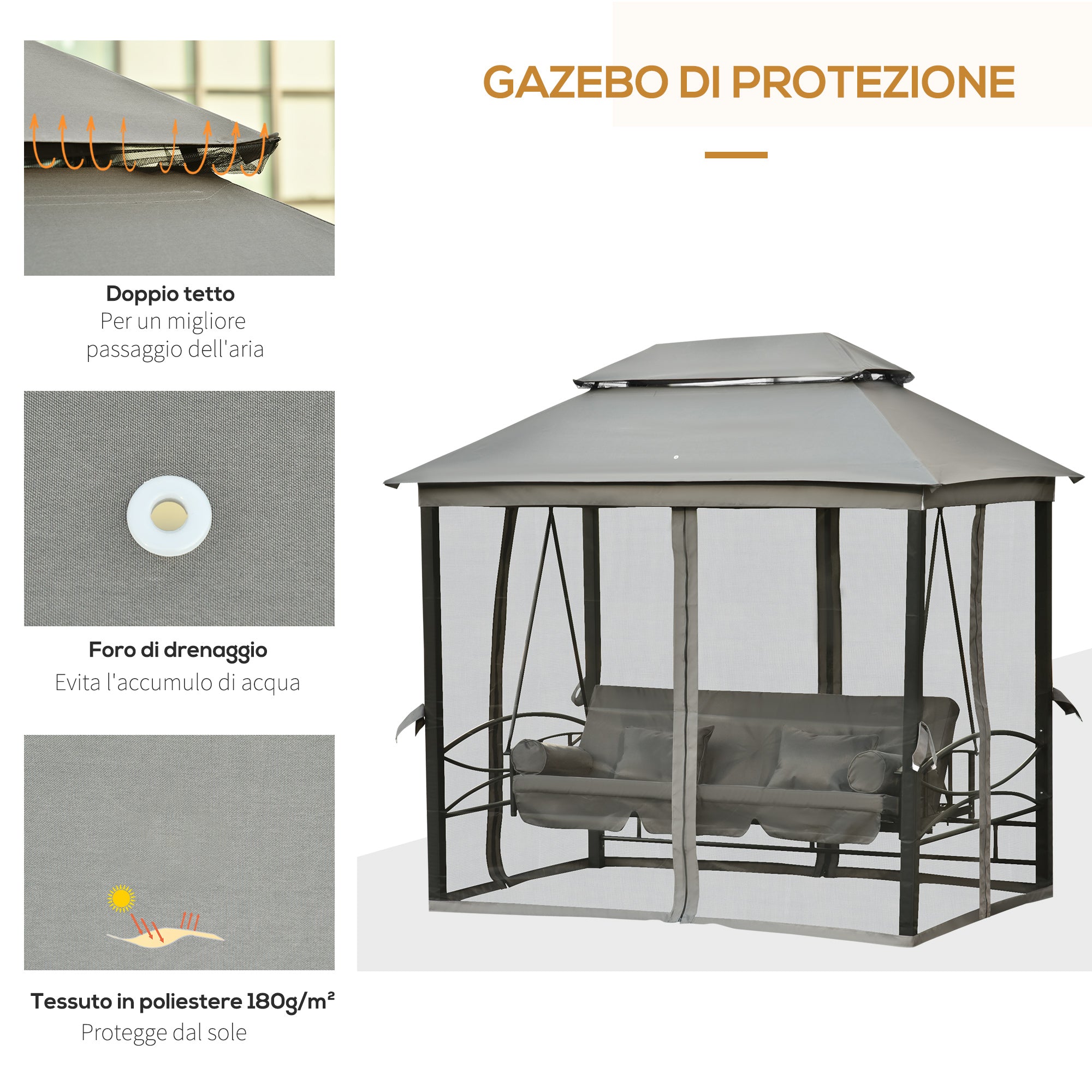 3-Seat Swing and Single Lounger Gazebo Cover with Mosquito Net and Cushions 256x172x248cm Dark Grey
