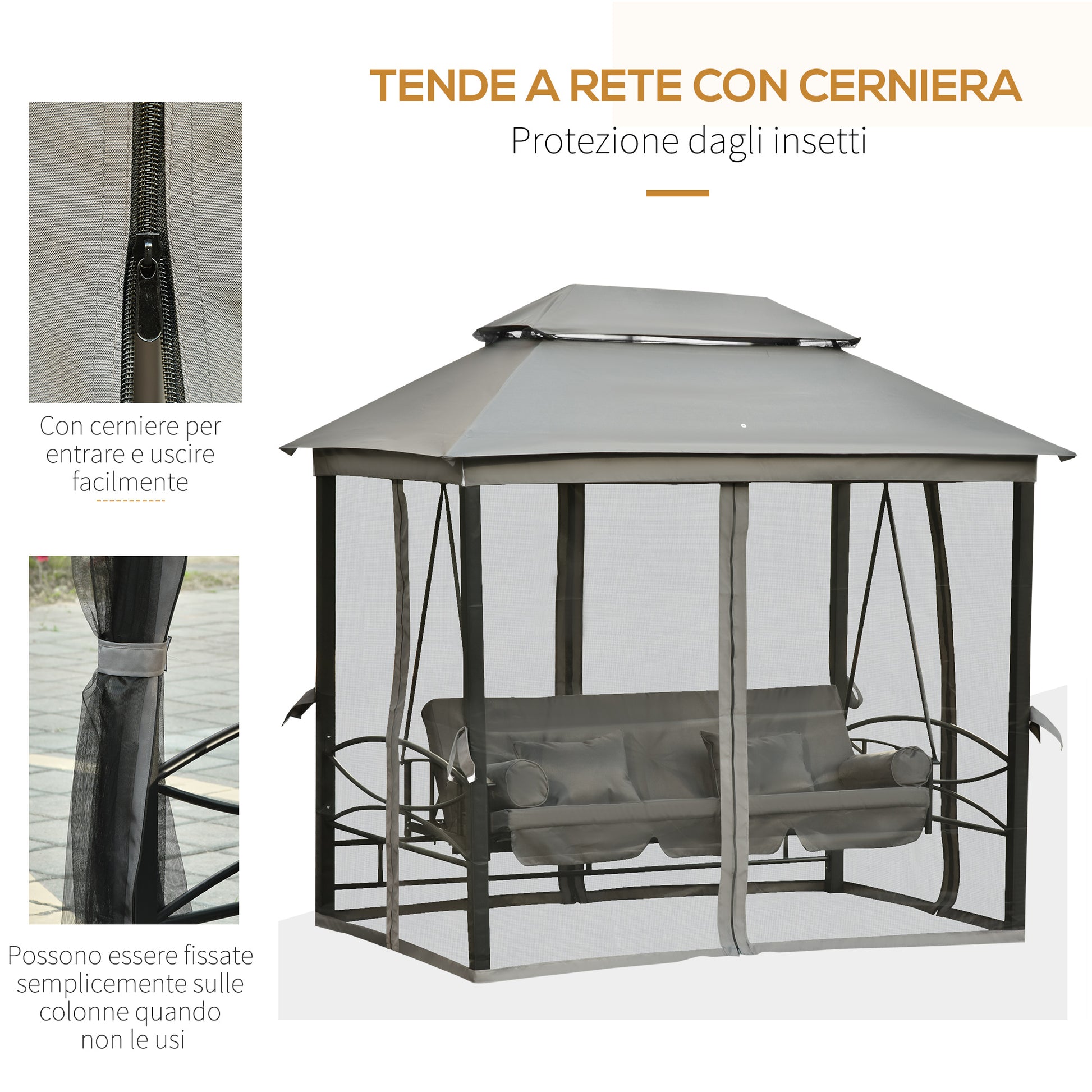 3-Seat Swing and Single Lounger Gazebo Cover with Mosquito Net and Cushions 256x172x248cm Dark Grey